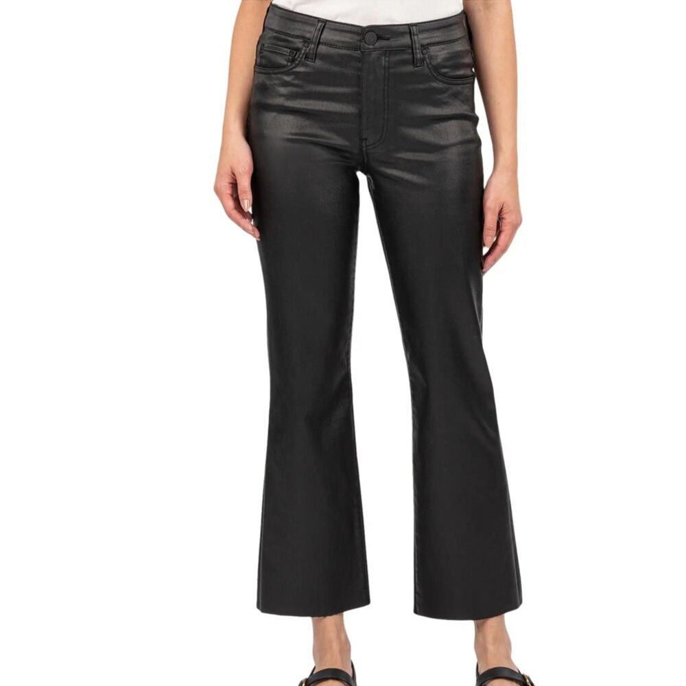 NWT Kut From The Kloth Black Kelsey Coated High Rise Crop Ankle Flare Jeans Sz 2